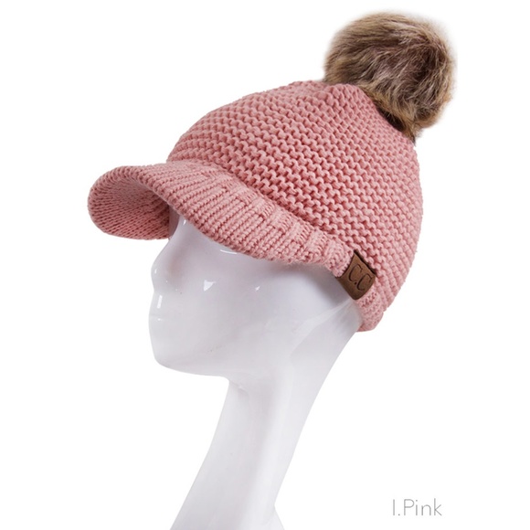 C.C Brim Visor Knitted Beanie Cap W. Faux Fur Pom - Picture 1 of 1